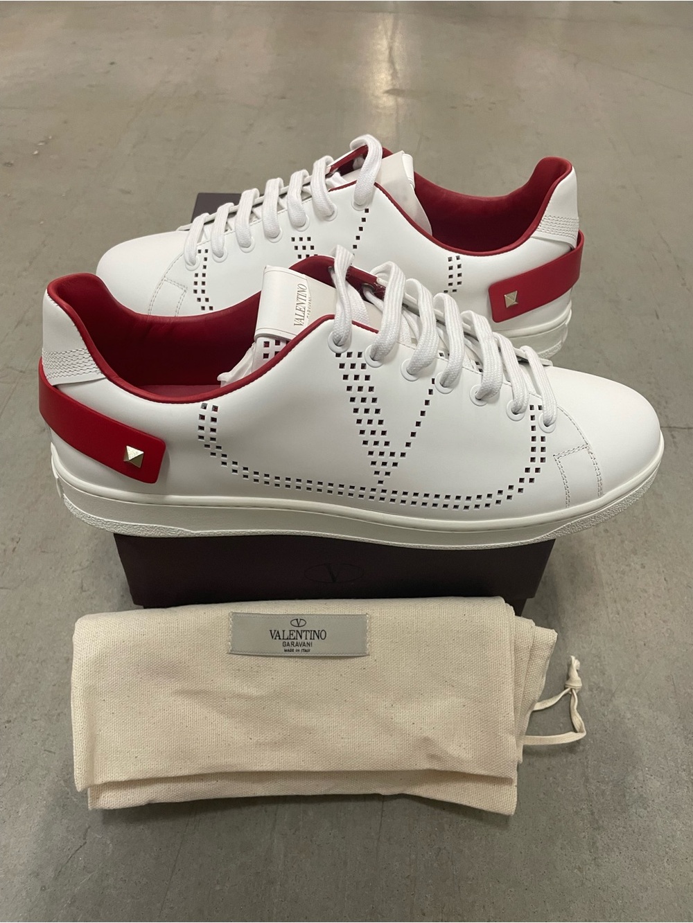 Valentino White Leather Low-Top Sneakers with Red Accents